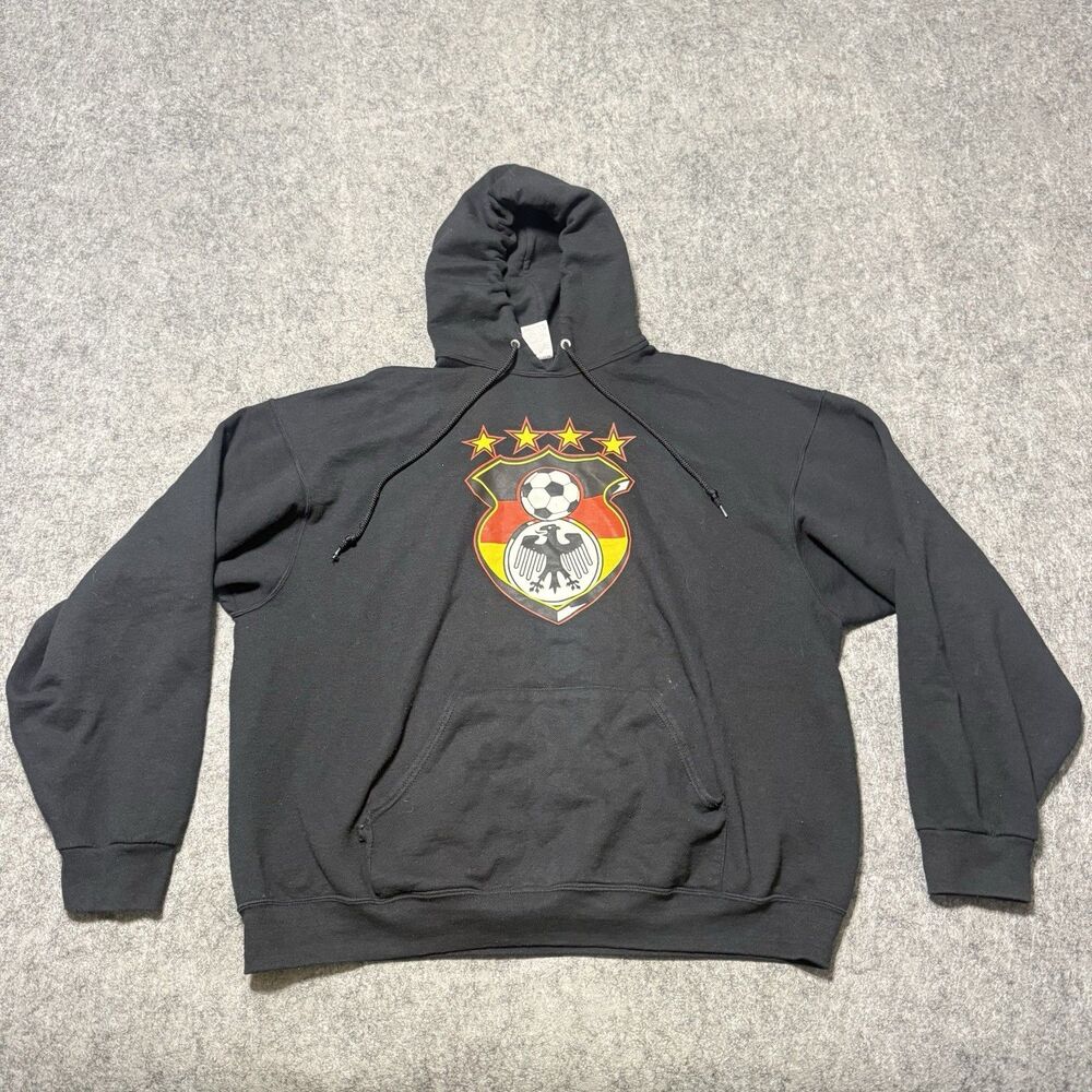 VTG Y2K Jerzees NuBlend Germany Soccer Hoodie 2XL Black Football Crest Graphic